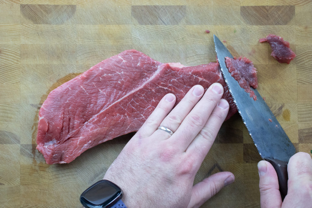 slicing beef for teriyaki beef jerky
